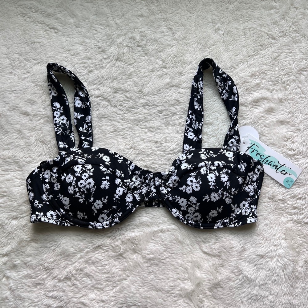 Freshwater Kohls Black White Floral Daisy Underwire Bikini Top Draped Straps M